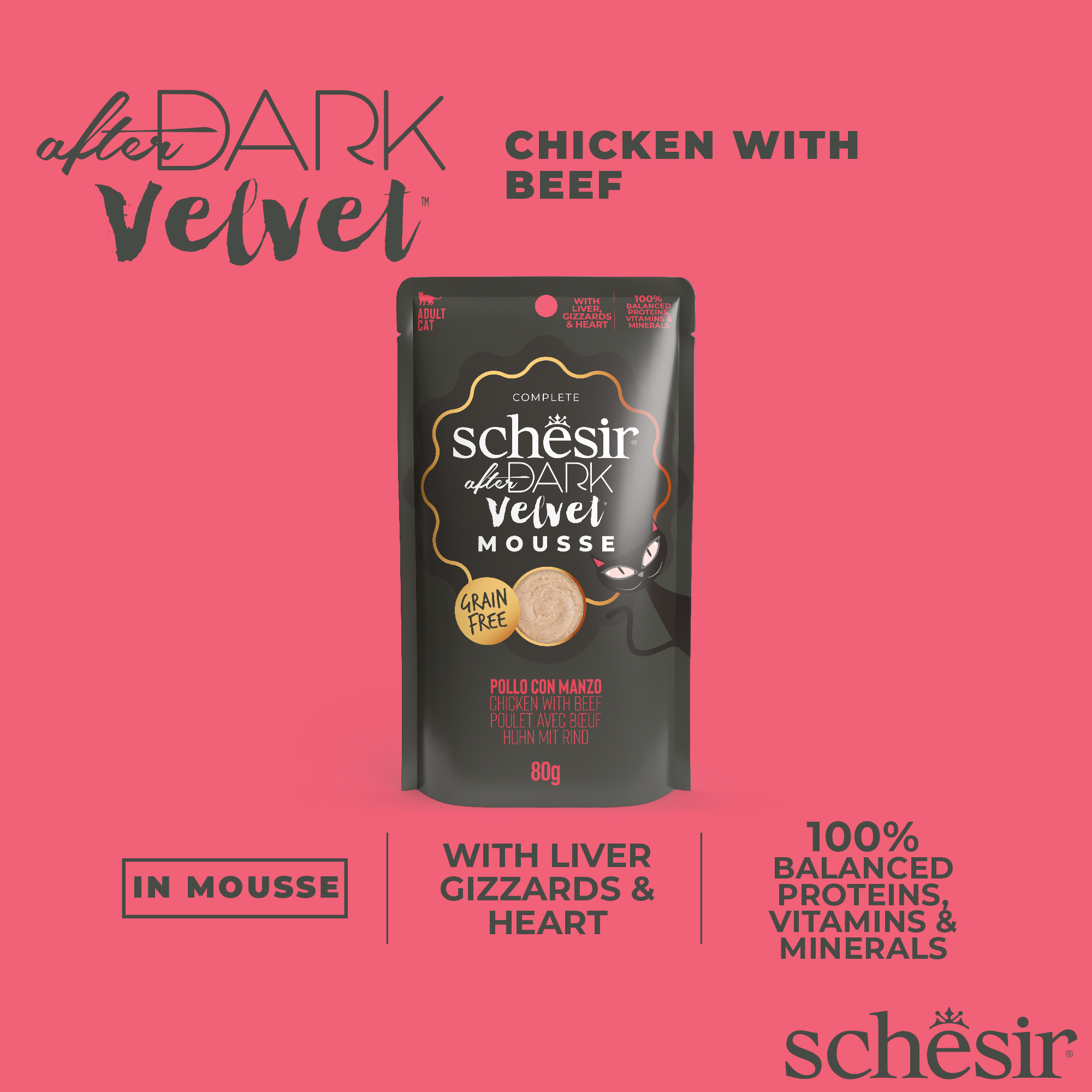 Schesir Cat After Dark Velvet Mousse 80g Chicken with Beef Pouch Wet Cat Food image 4