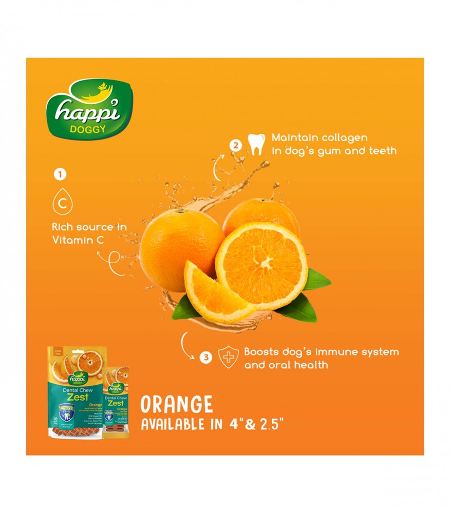 Happi Skippi Dog 25g Zest Regular 4-inch Orange Dental Chew Dog Treat image 3