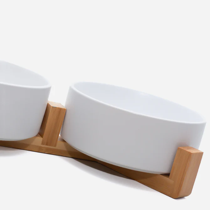 Paw Made Essentials Wood Base Double Ceramic Bowl in Powder L image 4