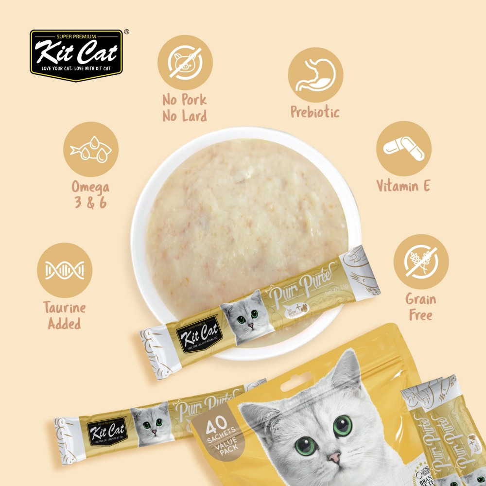 Kit Cat 15g x 40 Sachets Purr Puree Value Pack Chicken & Fiber (Hairball) Cat Treat image 2