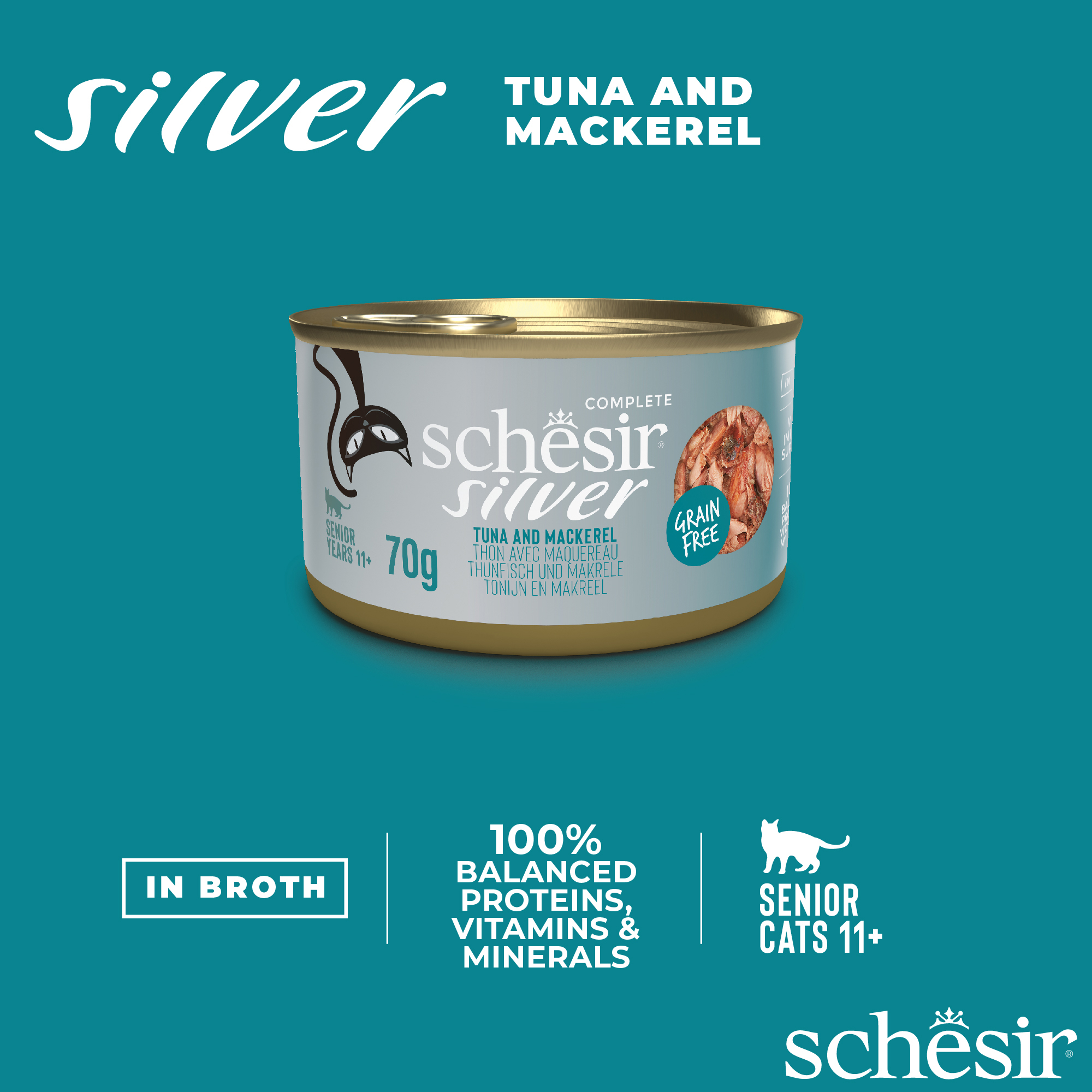 Schesir Cat Silver Wholefood Canned 70g Senior Tuna & Mackerel in Broth Wet Cat Food image 4