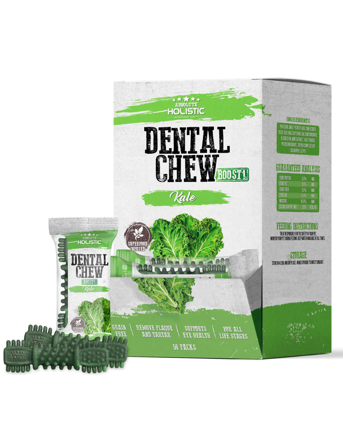 Absolute Holistic Dog 4" (25g) Dental Chew Boost Kale Dog Treat image 2
