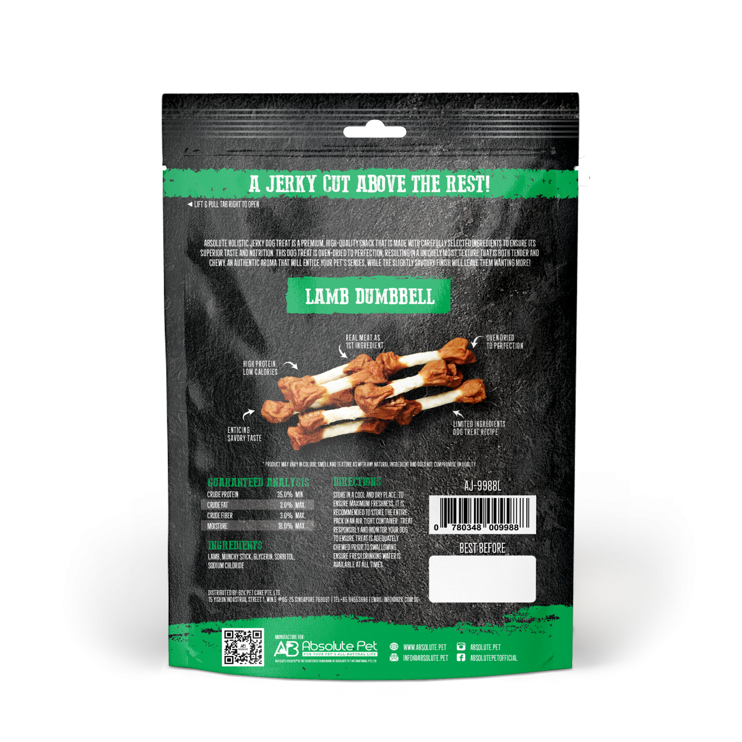 Absolute Holistic Dog 100g Jerky Lamb Dumbbell Dog Treat image 3