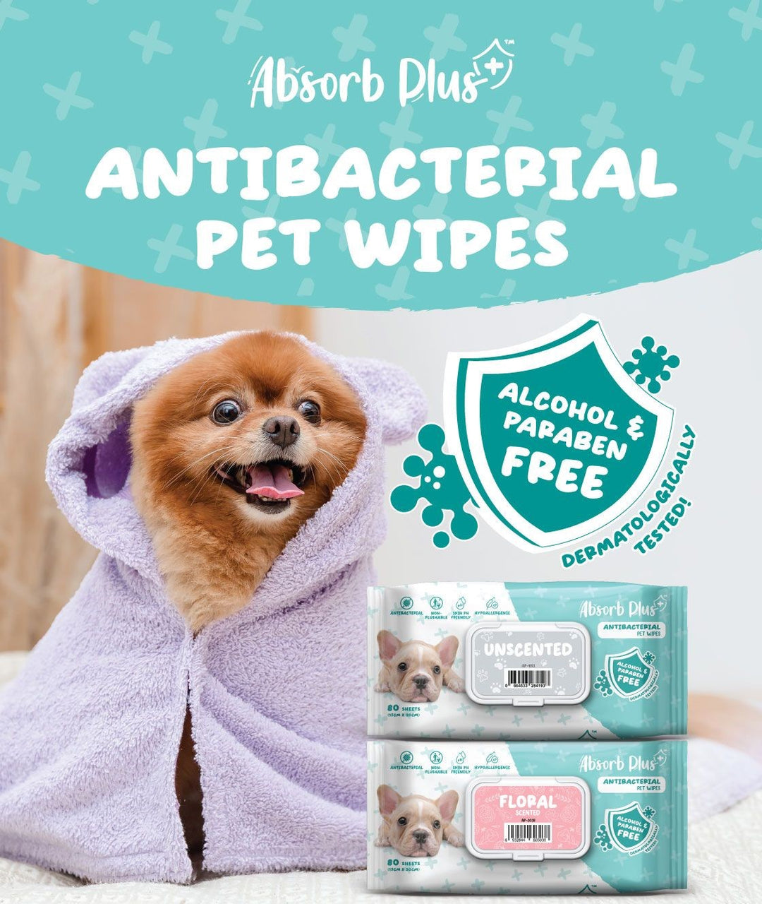 Absorb Plus Antibacterial Pet Wipes 80 Sheets (15cm x 20cm) Aloe Vera image 3