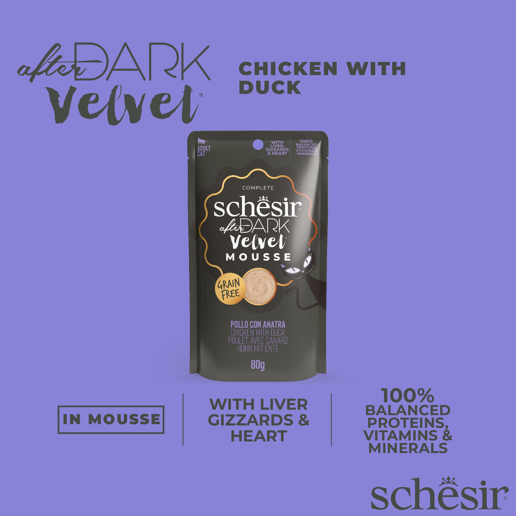 Schesir Cat After Dark Velvet Mousse 80g Chicken with Duck Pouch Wet Cat Food image 4