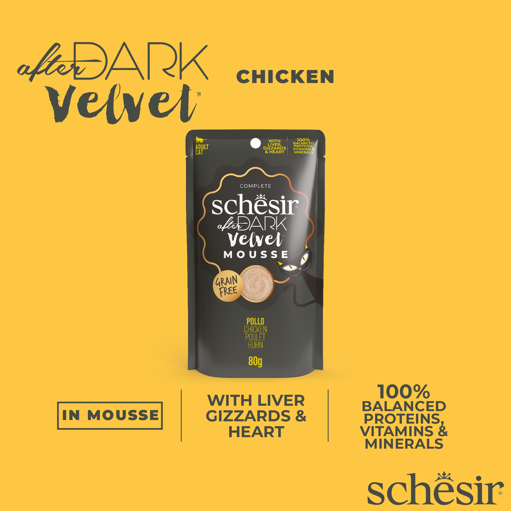 Schesir Cat After Dark Velvet Mousse 80g Chicken Pouch Wet Cat Food image 4