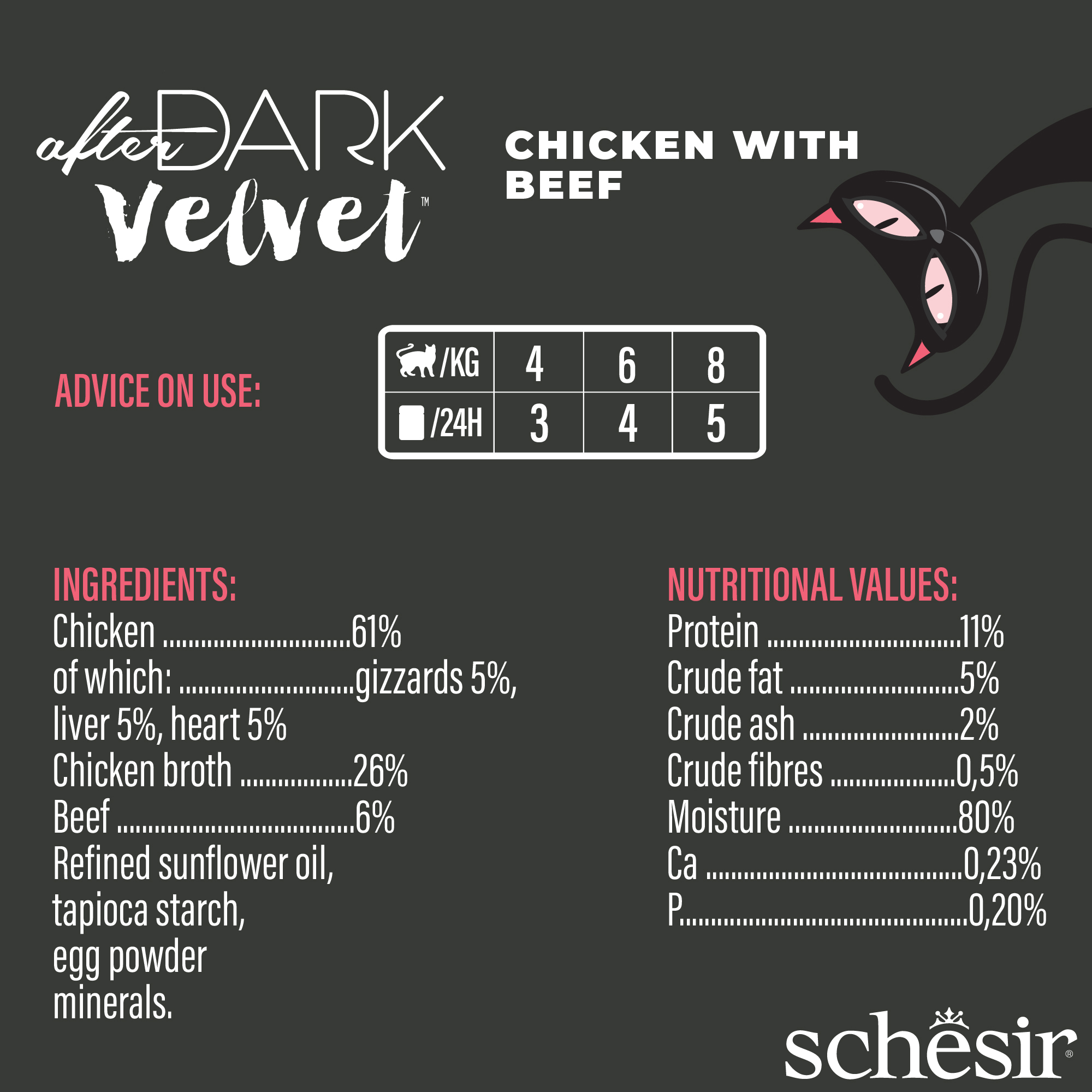 Schesir Cat After Dark Velvet Mousse 80g Chicken with Beef Pouch Wet Cat Food image 2