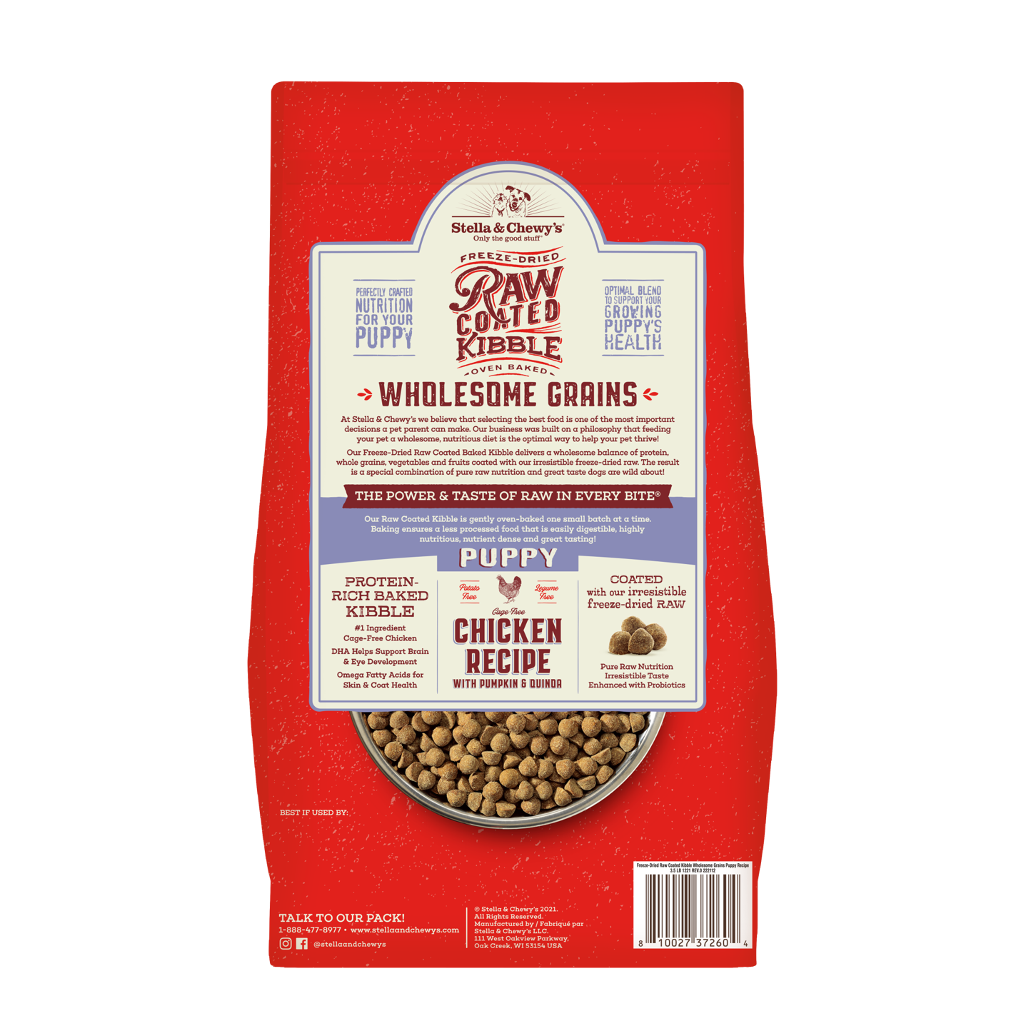 Stella & Chewy's Raw Coated Kibble Wholesome Grains 22lb (10kg) Puppy Chicken With Pumpkin & Quinoa Dry Dog Food image 3