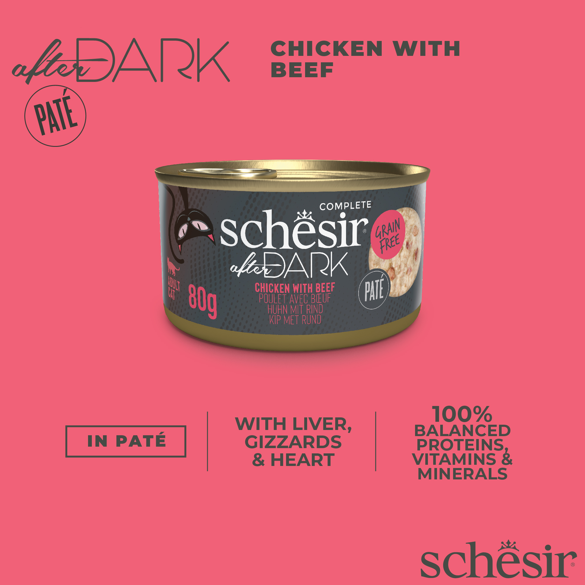 Schesir Cat After Dark Pate Canned 80g Chicken with Beef Wet Cat Food image 4