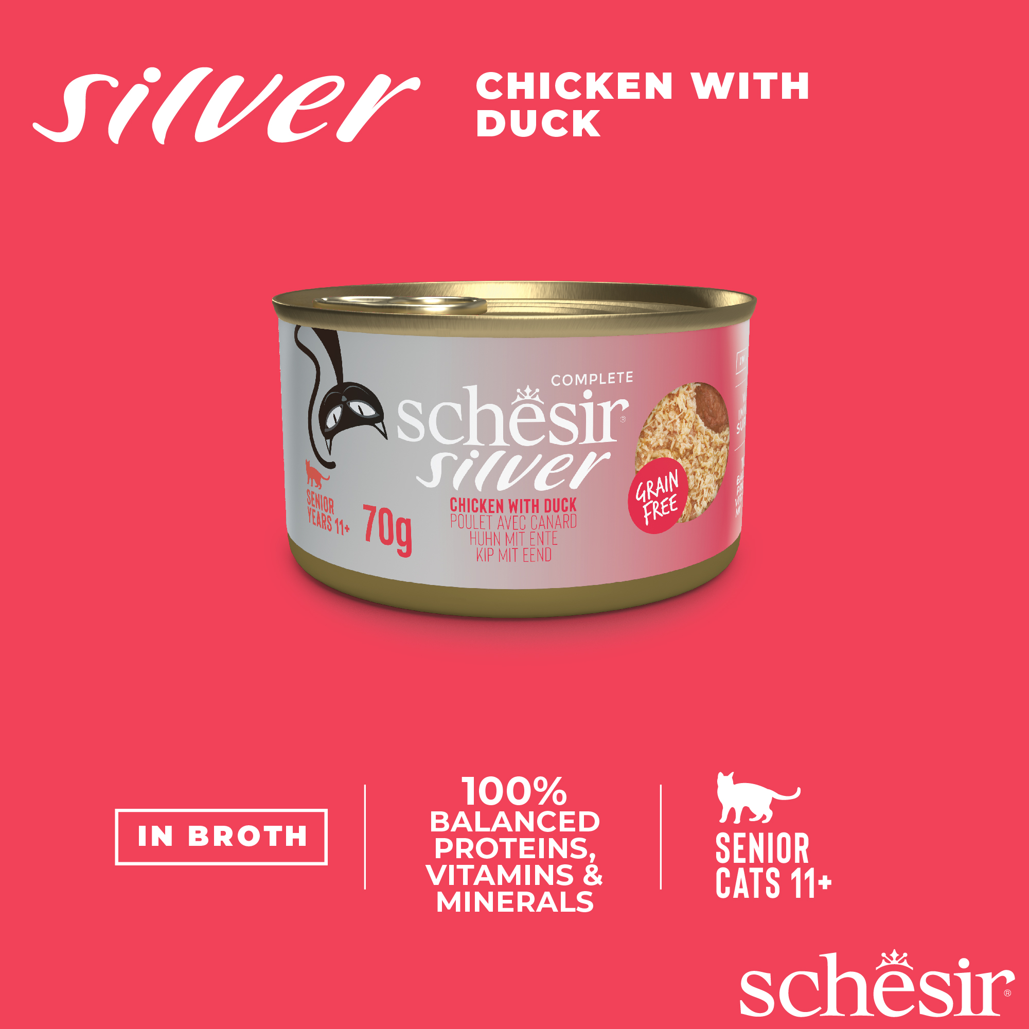 Schesir Cat Silver Wholefood Canned 70g  Senior Chicken with Duck in Broth Wet Cat Food image 4