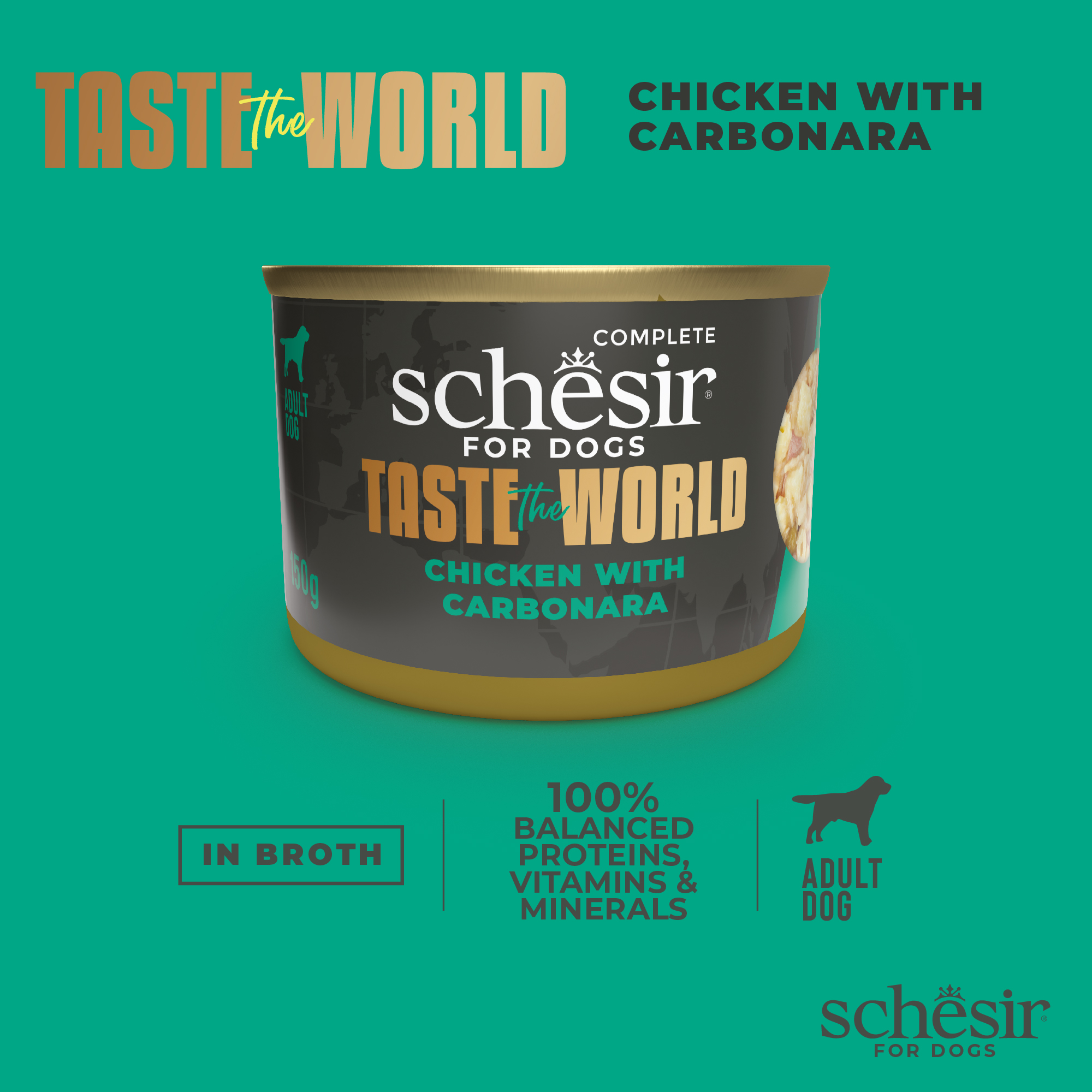 Schesir Dog Taste the World Canned 150g Chicken with Carbonara in Broth Wet Dog Food image 4