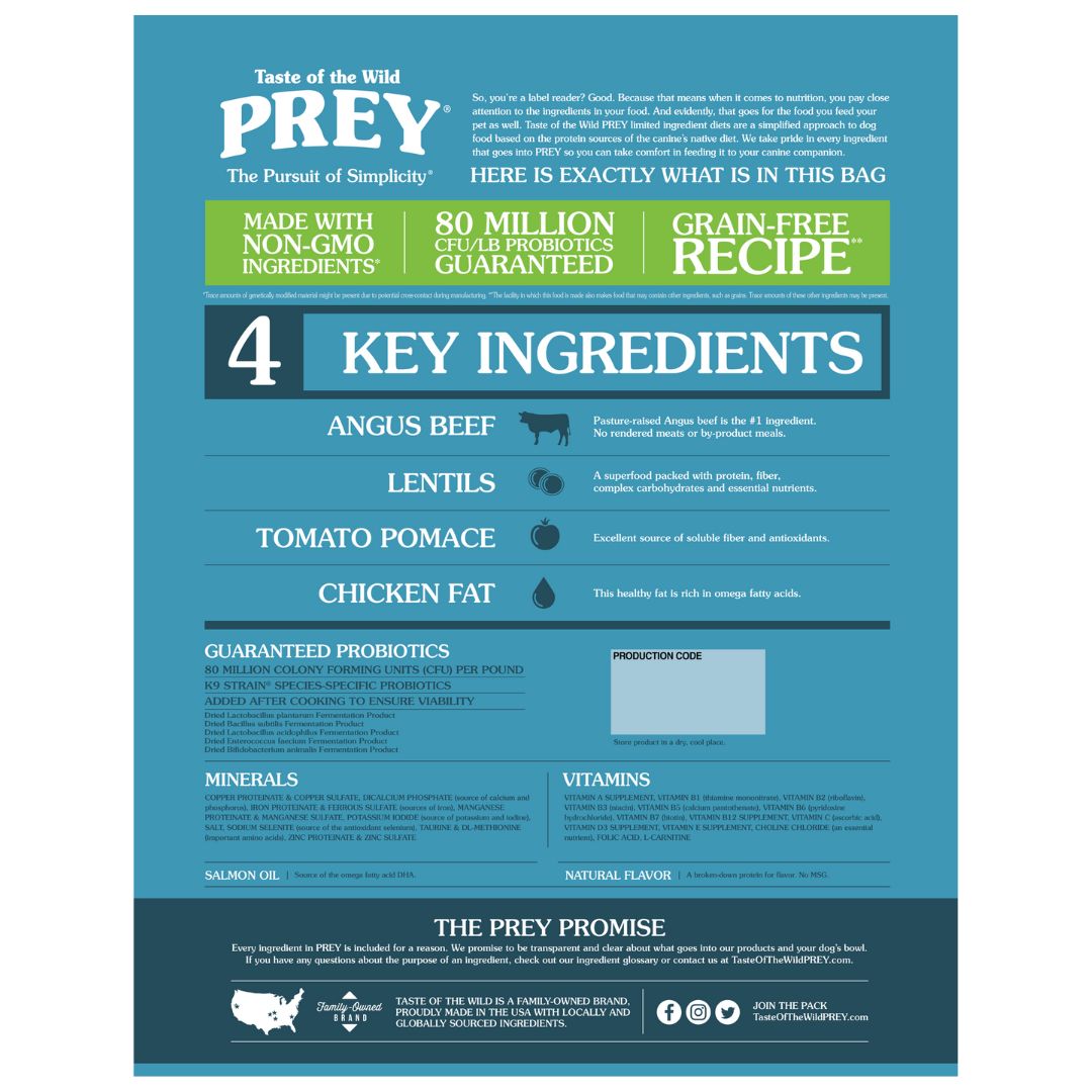 Taste of the Wild Dog 11.3kg/25lbs PREY Recipe Angus Beef Dry Dog Food image 2