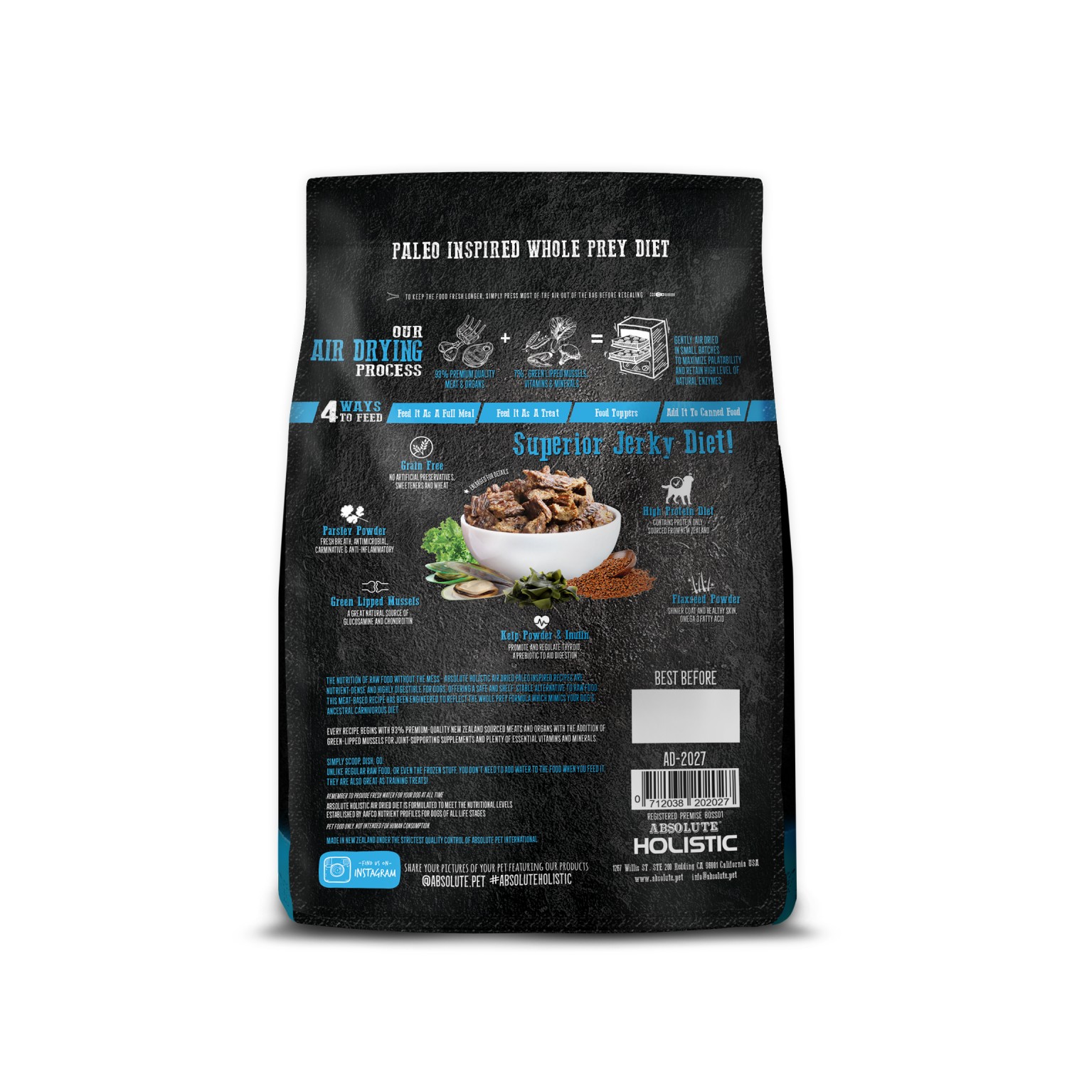 Absolute Holistic Dog 1kg Air Dried Blue Mackerel & Lamb Dry Dog Food image 2