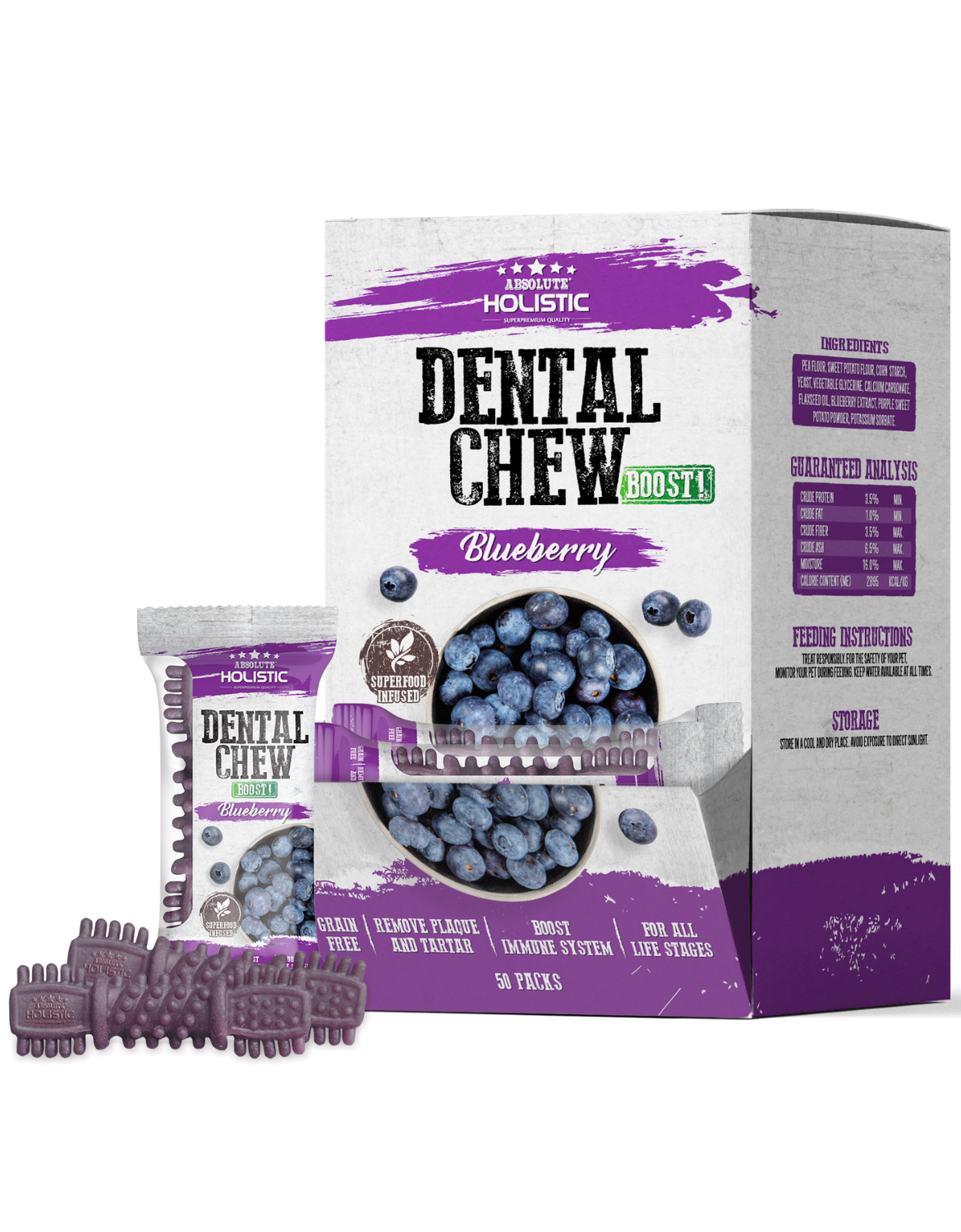 Absolute Holistic Dog 4'' (25g) Dental Chew Boost Blueberry Dog Treat image 2