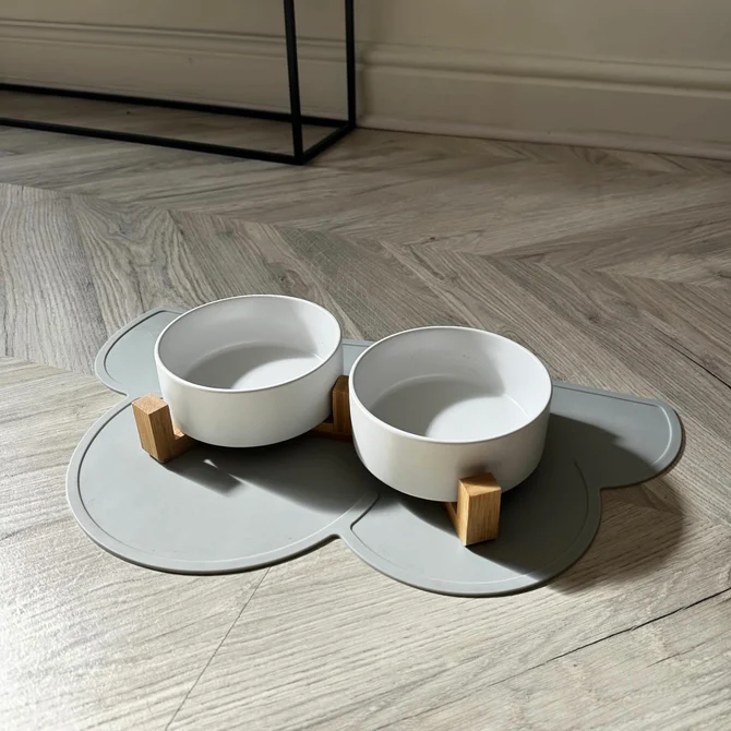 Paw Made Essentials Wood Base Double Ceramic Bowl in Powder L image 3