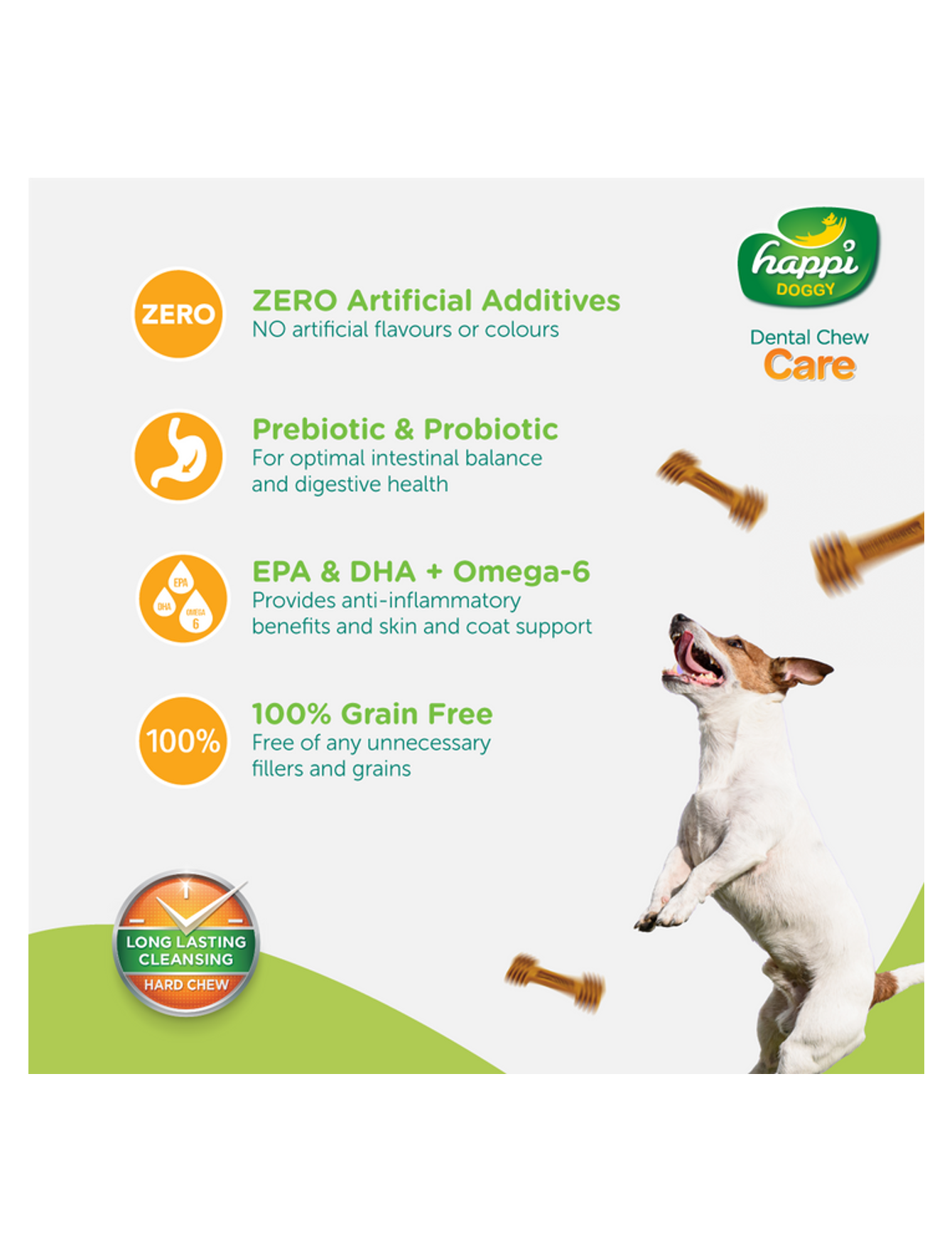 Happi Doggy Dental Chew Care 6pcs Regular 4" Skin & Coat Support Dog Treat image 4