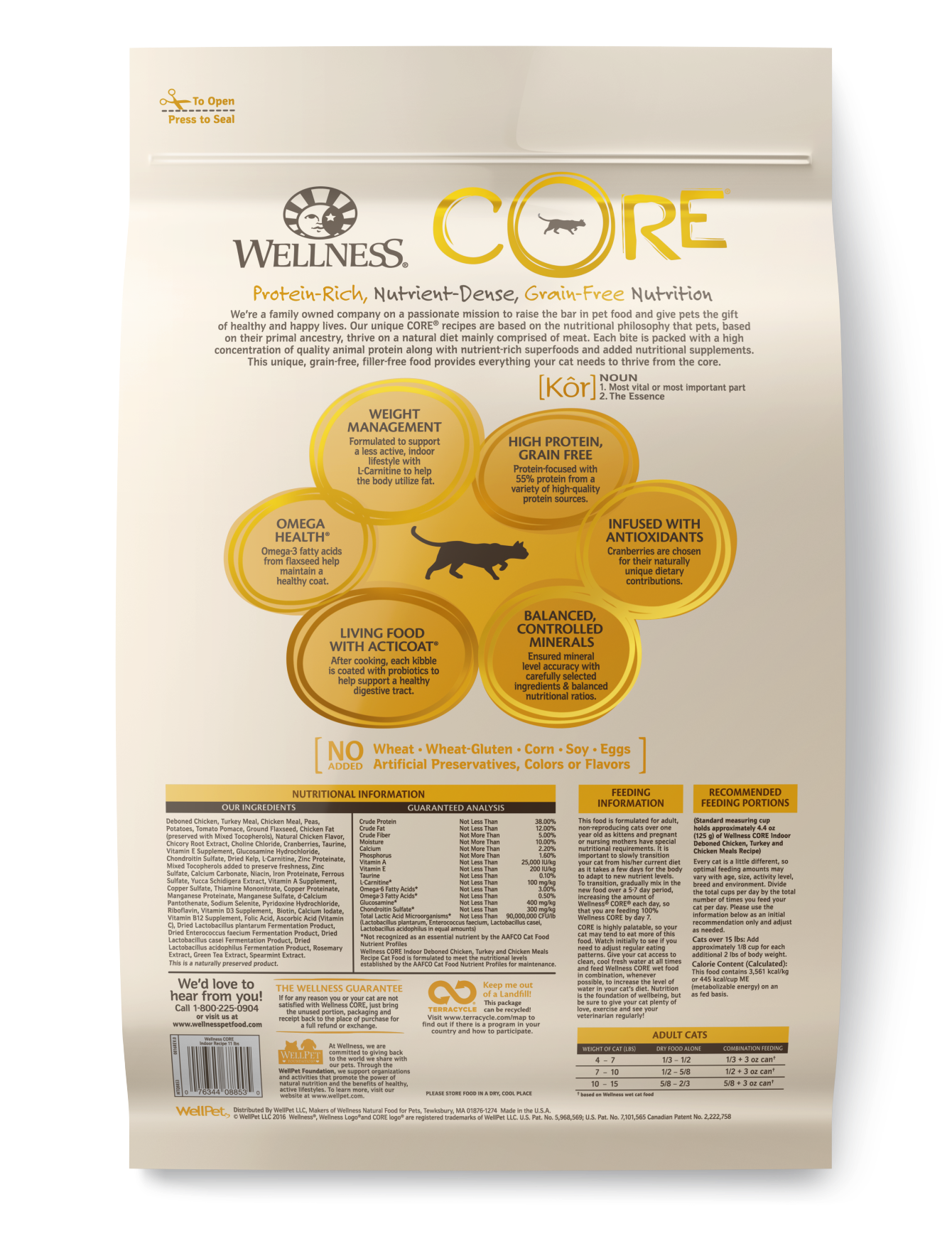 Wellness CORE Cat 900g (2lb) Indoor Grain Free Deboned Chicken, Turkey & Chicken Meal Dry Cat Food image 3