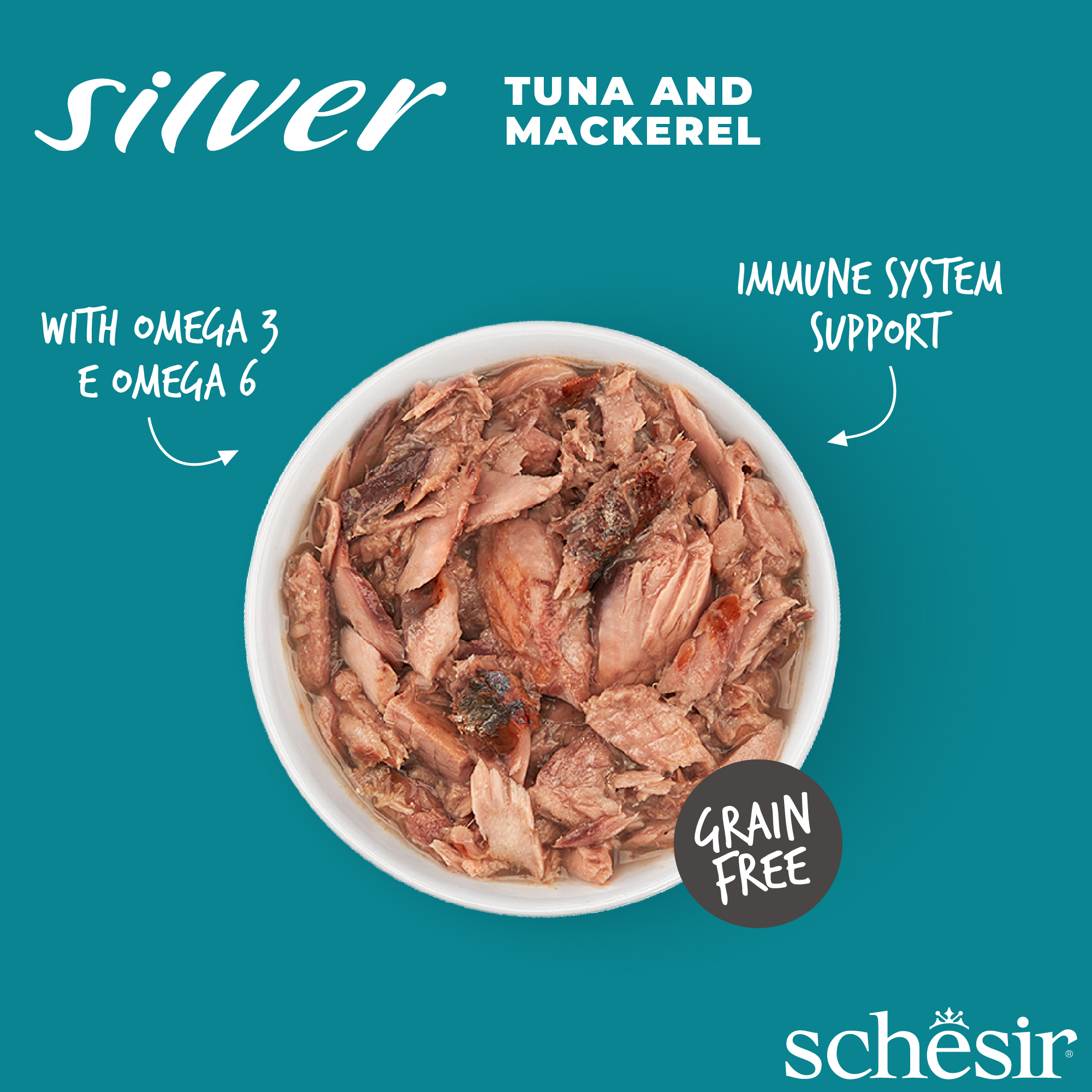 Schesir Cat Silver Wholefood Canned 70g Senior Tuna & Mackerel in Broth Wet Cat Food image 3