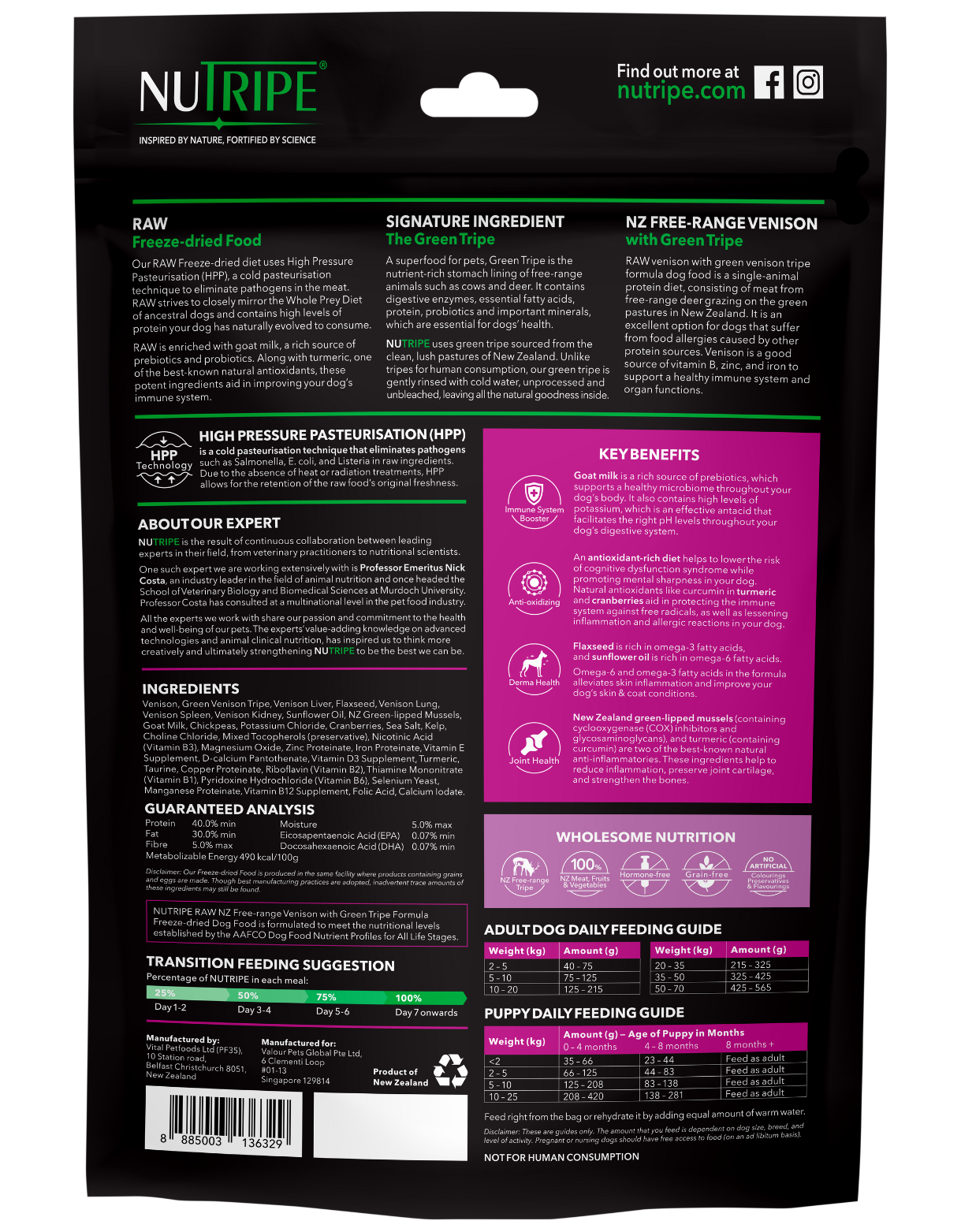 Nutripe Raw Dog 400g Freeze Dried New Zealand Free-range Venison With Green Tripe Dry Dog Food image 2