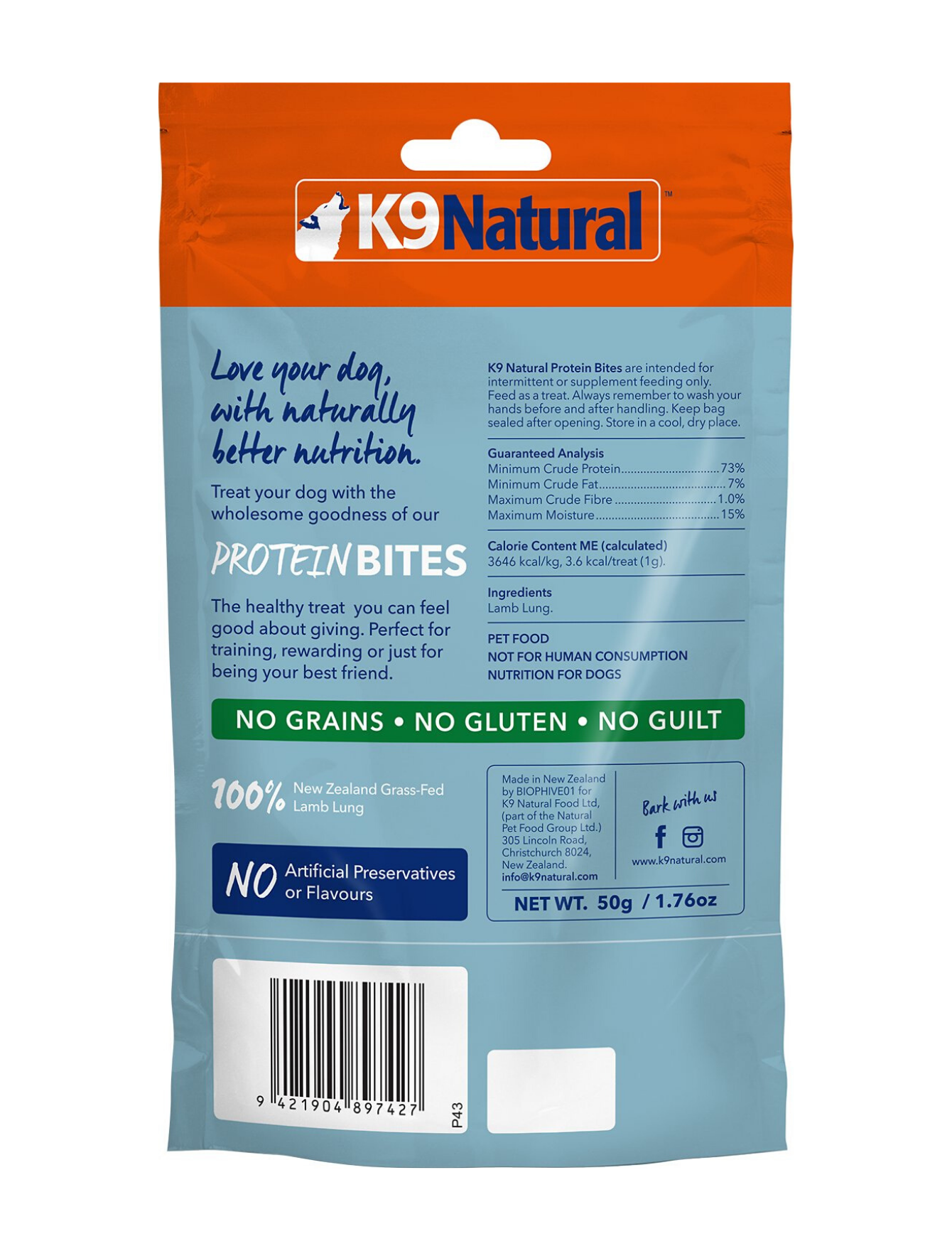 K9 Natural Air Dried Lamb Lung Protein Bites Dog Treats 50g image 2