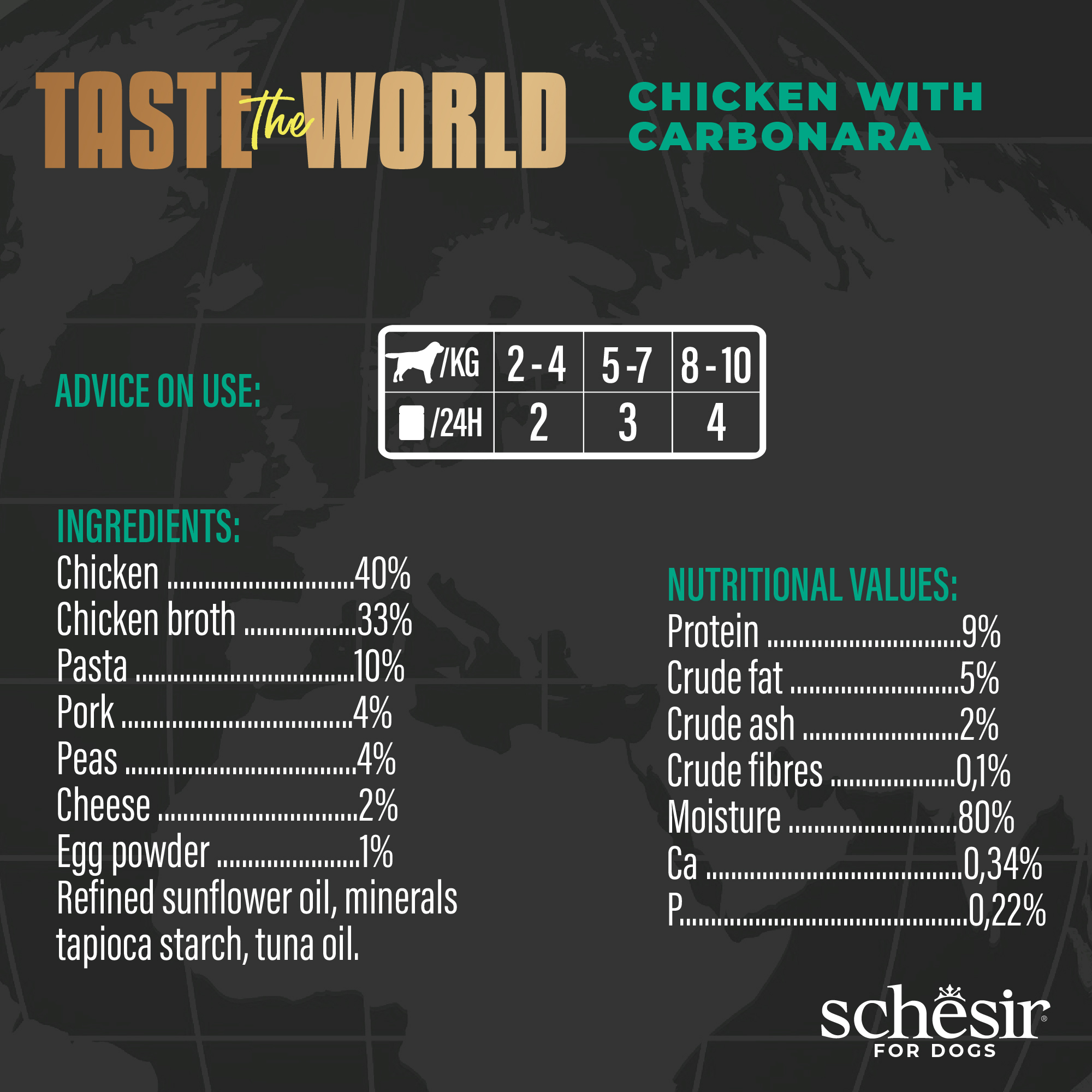 Schesir Dog Taste the World Canned 150g Chicken with Carbonara in Broth Wet Dog Food image 2