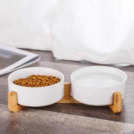 Paw Made Essentials Wood Base Double Ceramic Bowl in Pewter L image 3