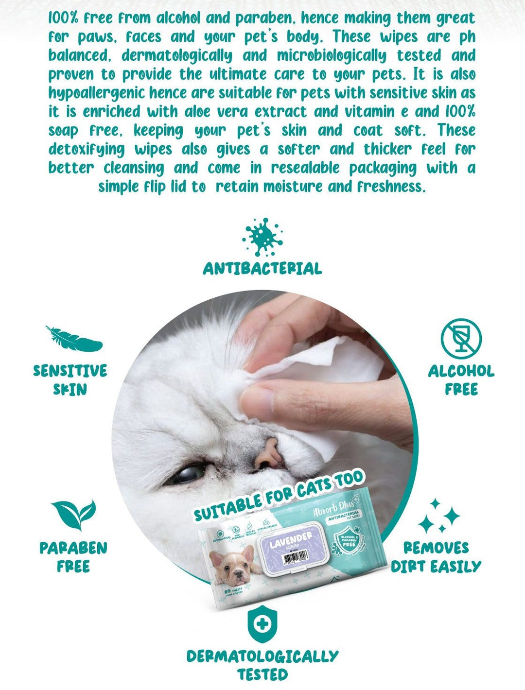 Absorb Plus Antibacterial Pet Wipes 80 Sheets (15cm x 20cm) Aloe Vera image 4