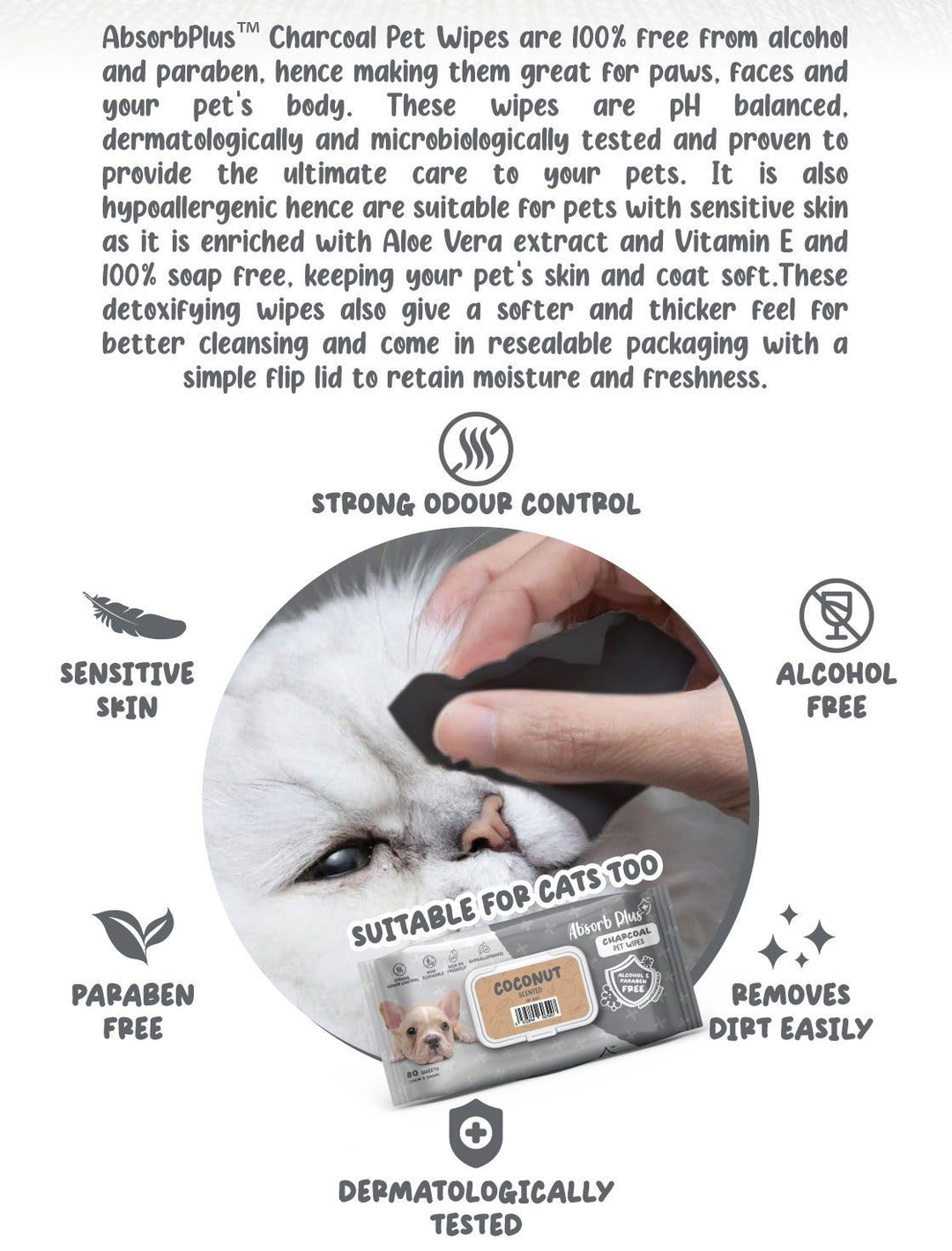 Absorb Plus Charcoal Pet Wipes 80 Sheets (15cm x 20cm) Lavender image 4