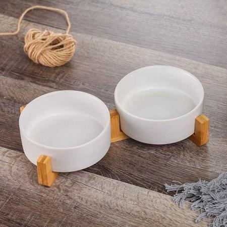 Paw Made Essentials Wood Base Double Ceramic Bowl in Pewter L image 4